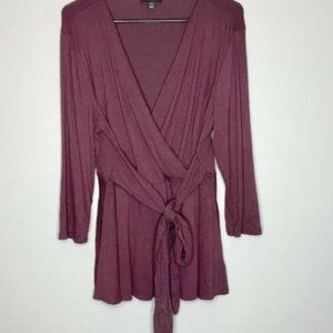 Lane Bryant Maroon Stretch Knit V Neck Faux Wrap Tie Front 3/4 Sleeve Top 14/16